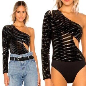 H:ours‎ Black And Gold Sequins Velvet One Shoulder Karly Bodysuit Size S